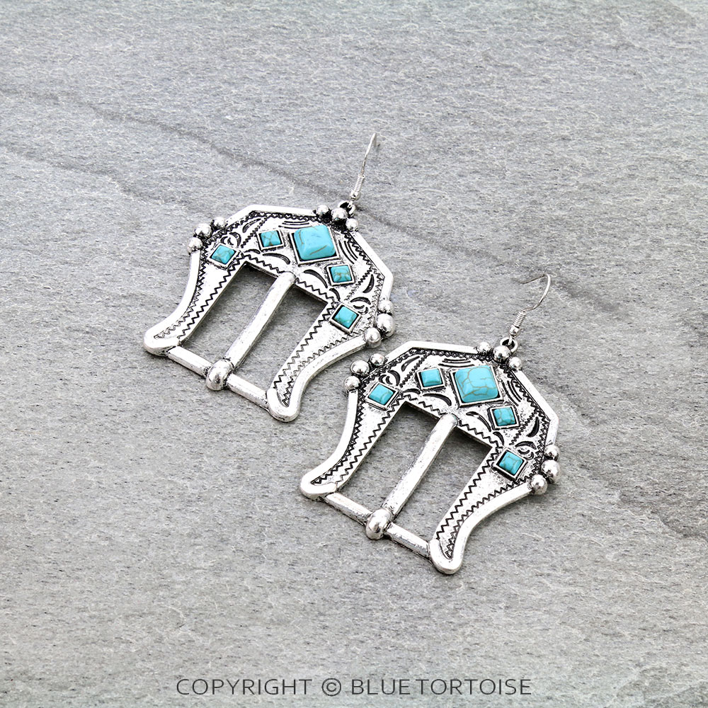 Western Texture Belt Buckle Dangle Earrings