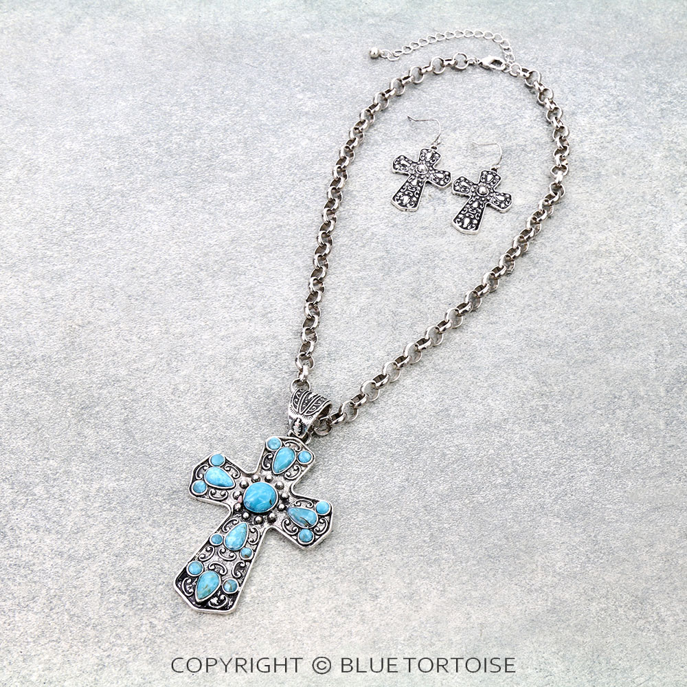 Western Cross Hand Crafted Stone Necklace Set