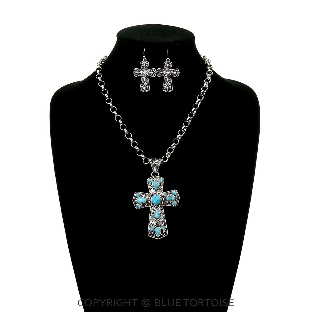 Western Cross Hand Crafted Stone Necklace Set - Image 2