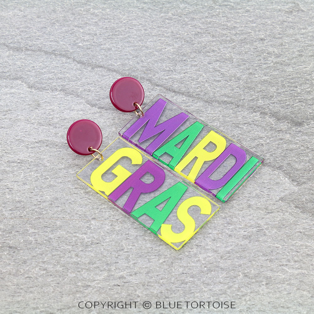 Mardi Gras Text Acrylic Stud Earrings