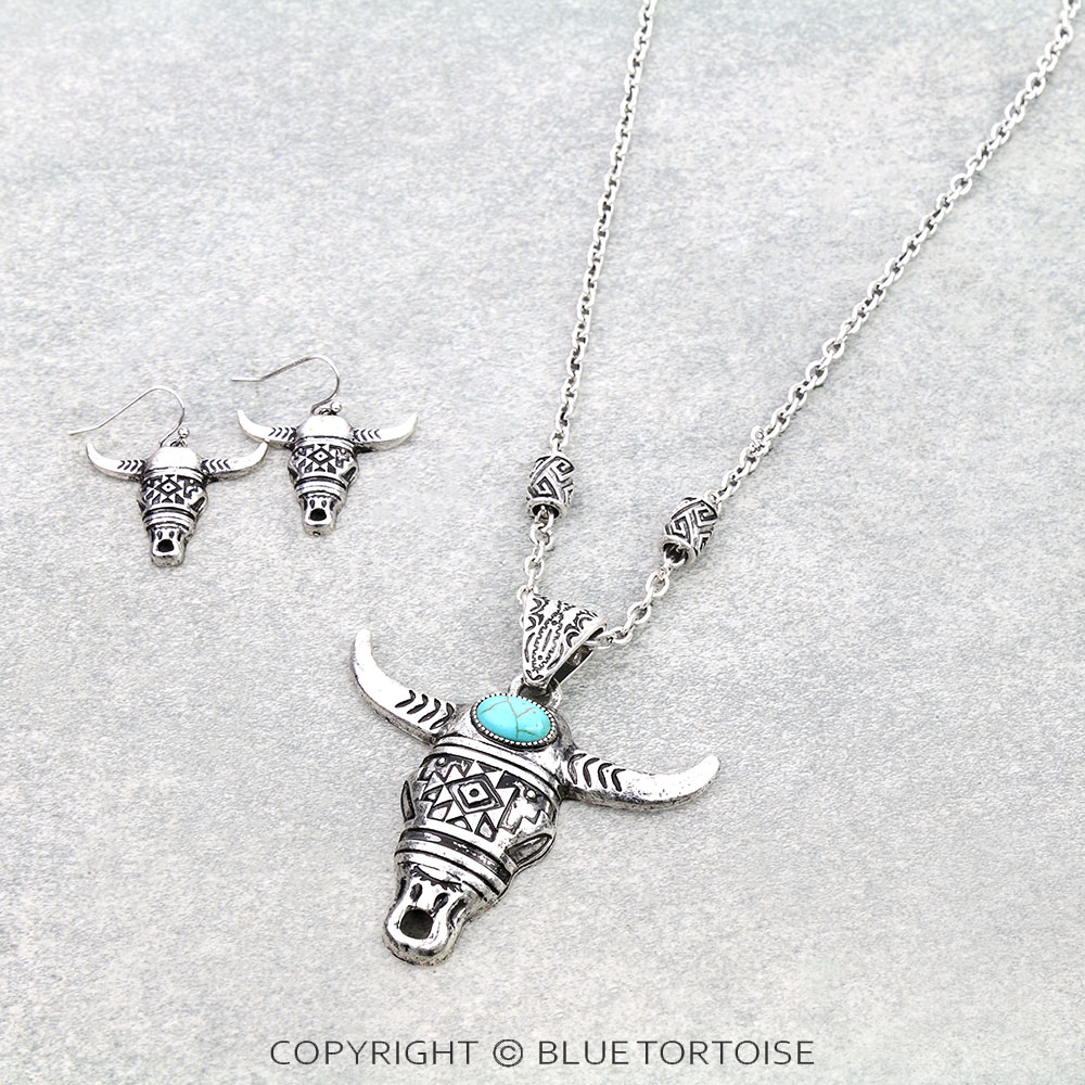Western Aztec Steer Skull Stone Necklace Set