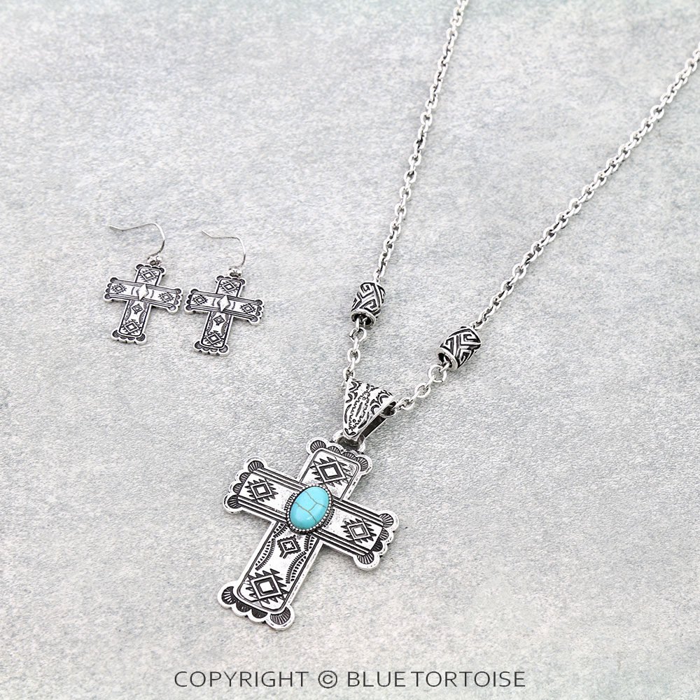 Western Aztec Cross Stone Necklace Set