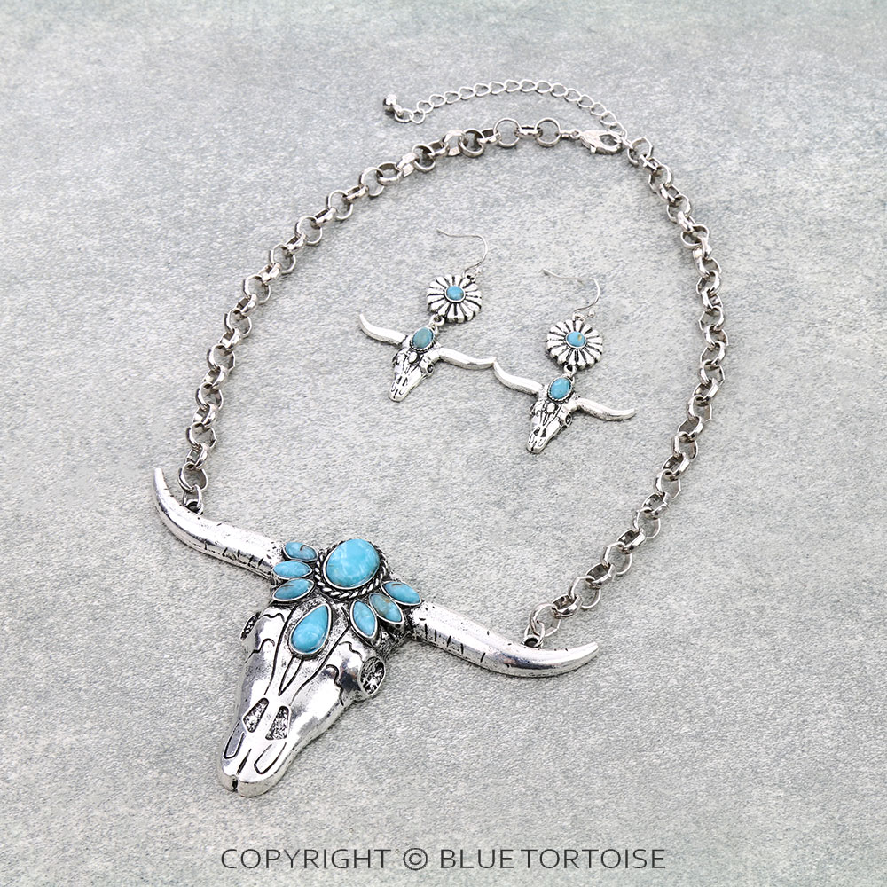 Western Steer Skull Stone Necklace Set