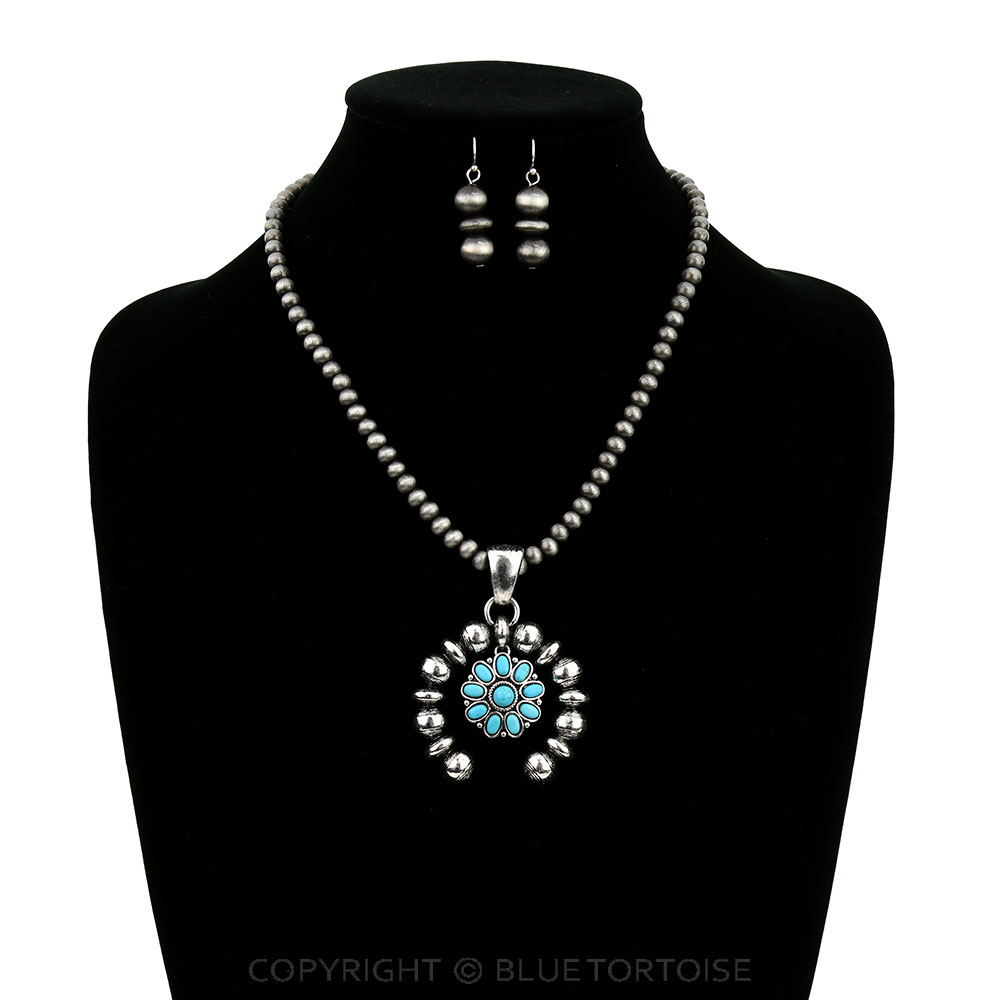 Western Squash Blossom with Concho Stone Necklace Set - Image 2