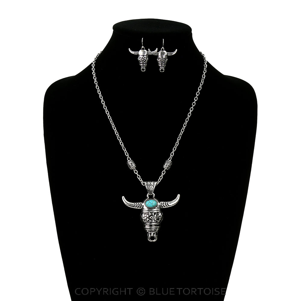 Western Aztec Steer Skull Stone Necklace Set - Image 2