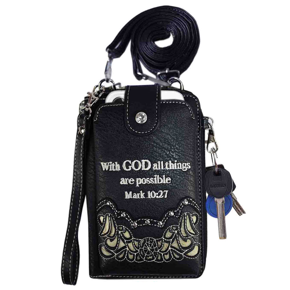 Bible Verse "Mark 10:27" Cellphone Purse, Small Crossbody Bag with Removable Strap