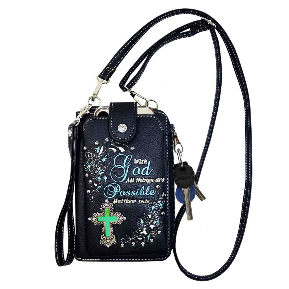 Bible Verse "Matthew 19:26" Cellphone Purse, Small Crossbody Bag with Removable Strap