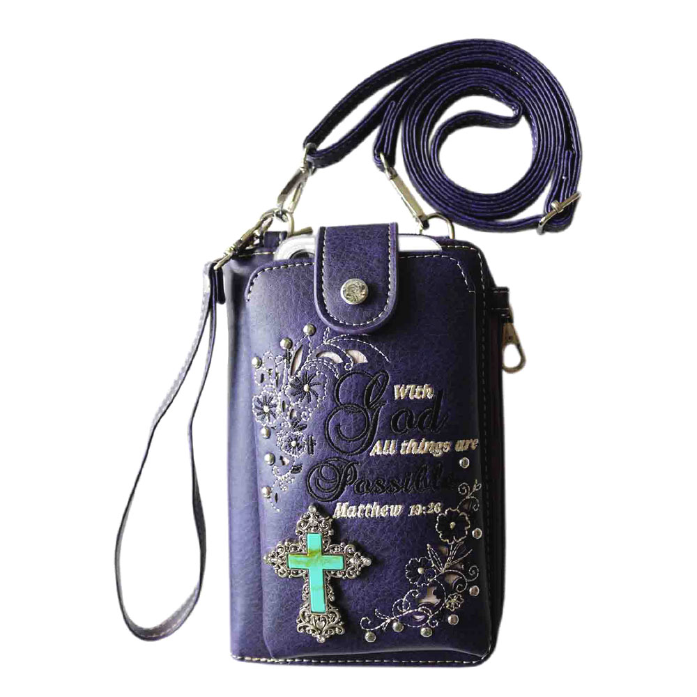Bible Verse "Matthew 19:26" Cellphone Purse, Small Crossbody Bag with Removable Strap