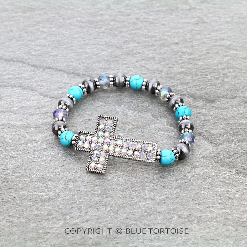 Western Cross Multi Bead Stretch Bracelet