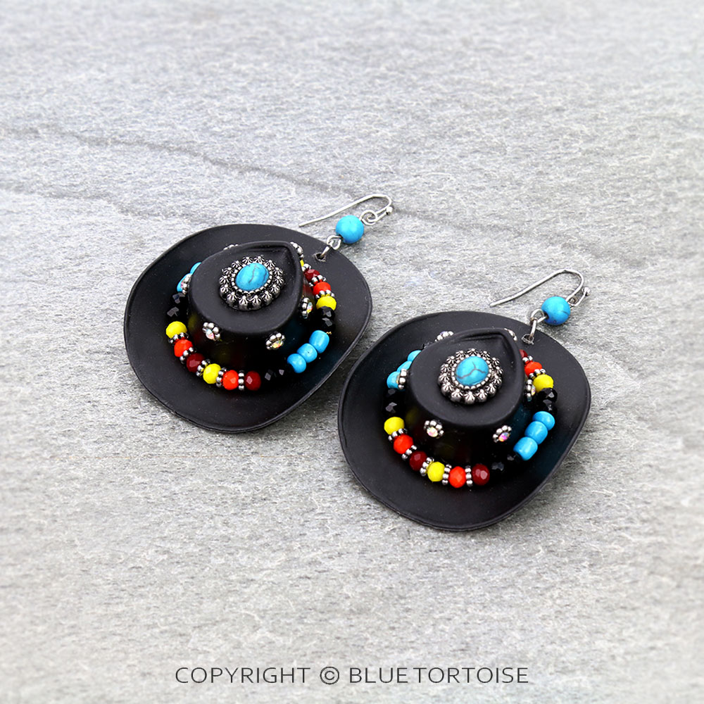 3D Concho Cowboy Hat with Seed Bead Dangle Earrings