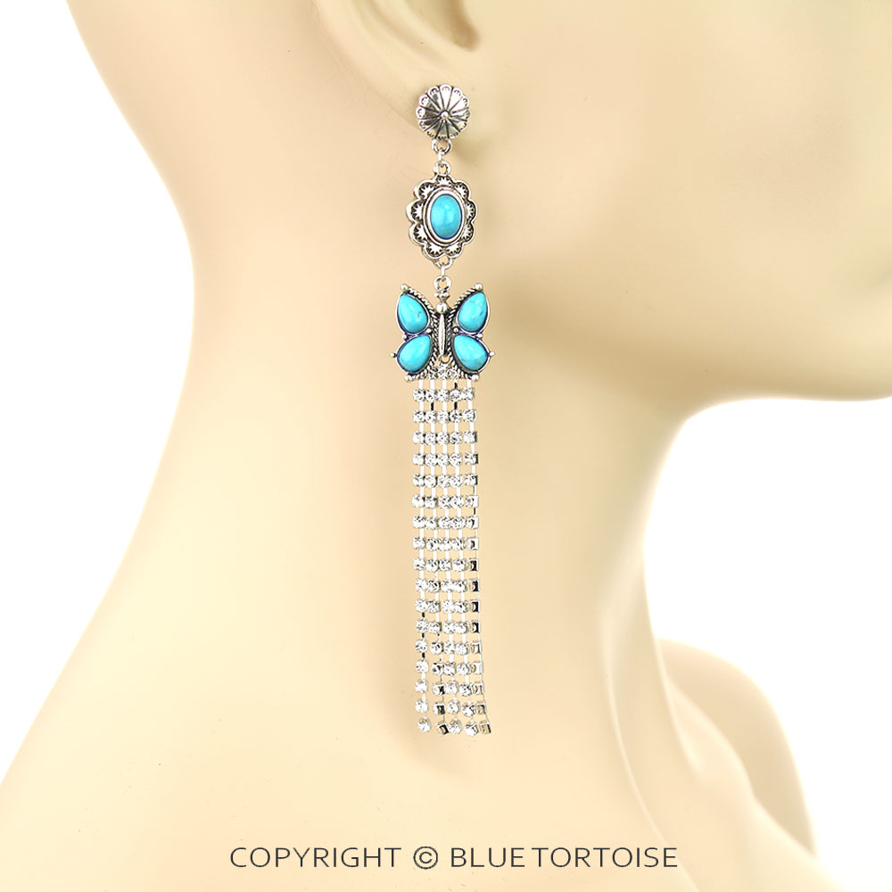 Western Butterfly with Stone Fringe Stud Earrings - Image 2