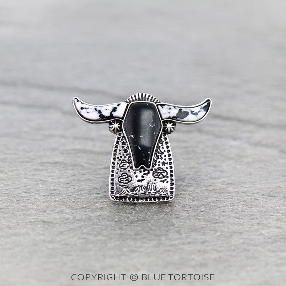 Western Steer Cow Head Stone Cuff Ring
