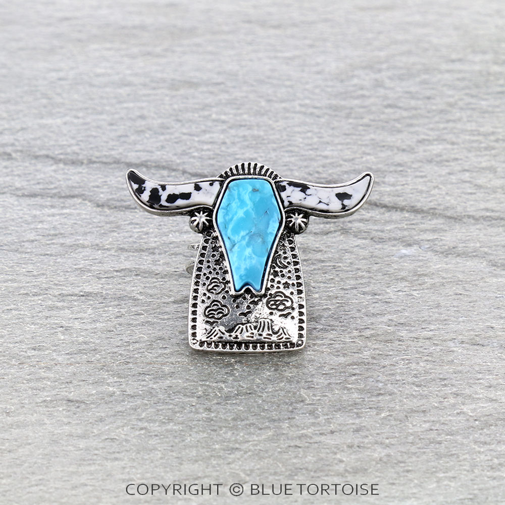 Western Steer Cow Head Stone Cuff Ring