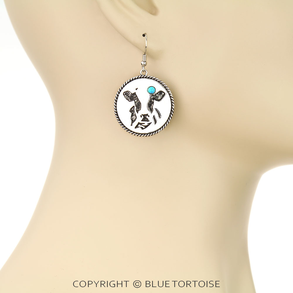 Western Round Cow Dangle Earrings - Image 2