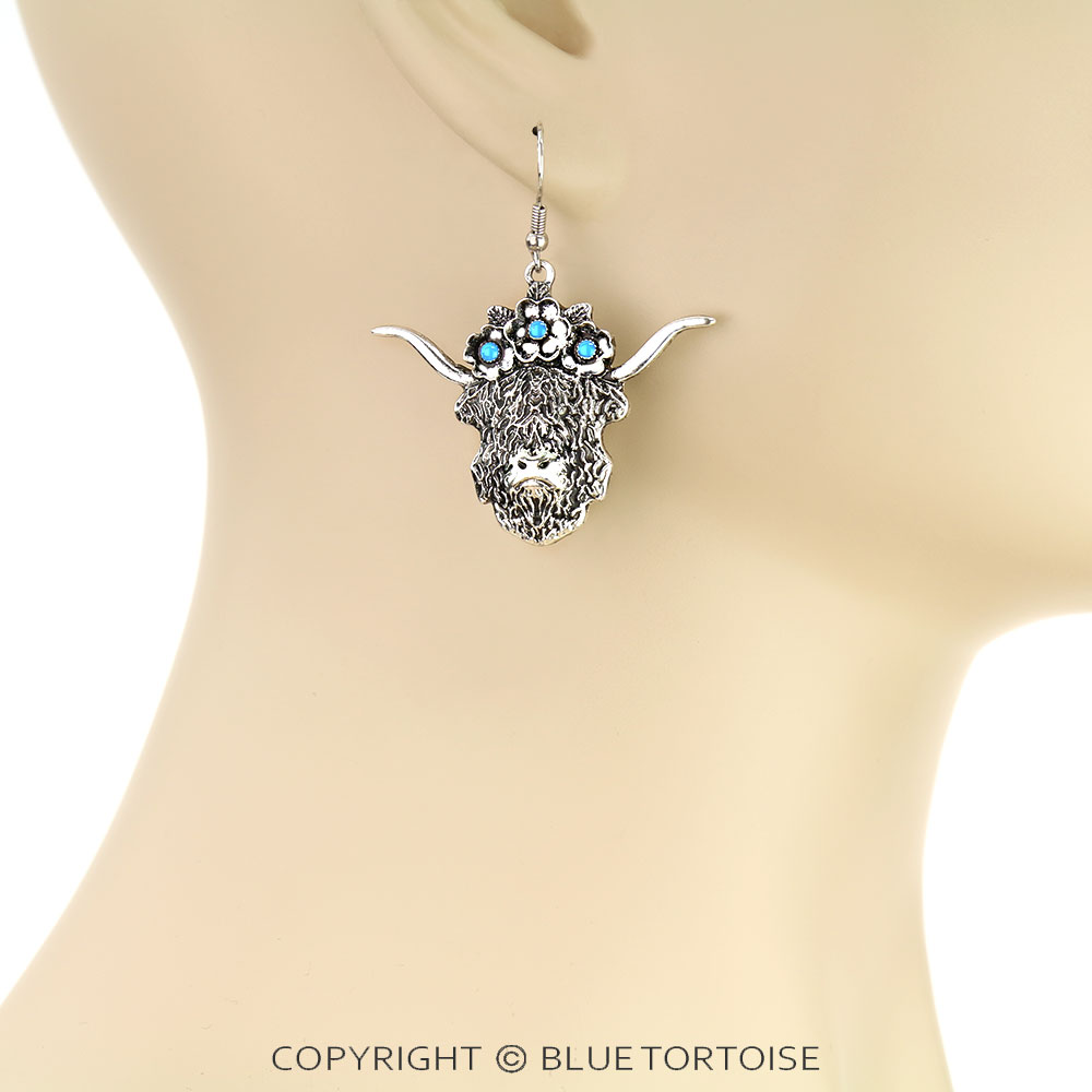 Western Scotty Cow with Flower Dangle Earrings - Image 2