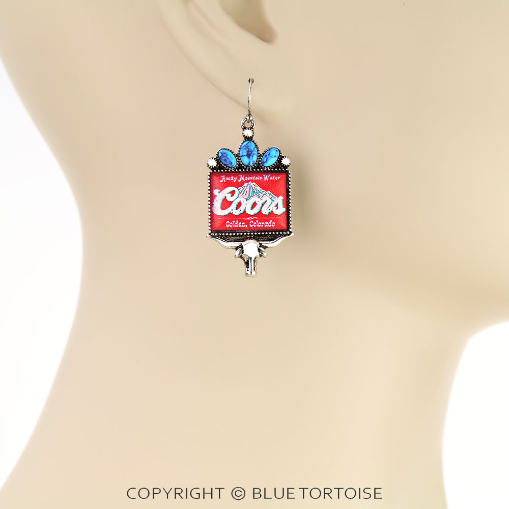 Western Beer Logo Print Steer Skull Dangle Earrings - Image 2