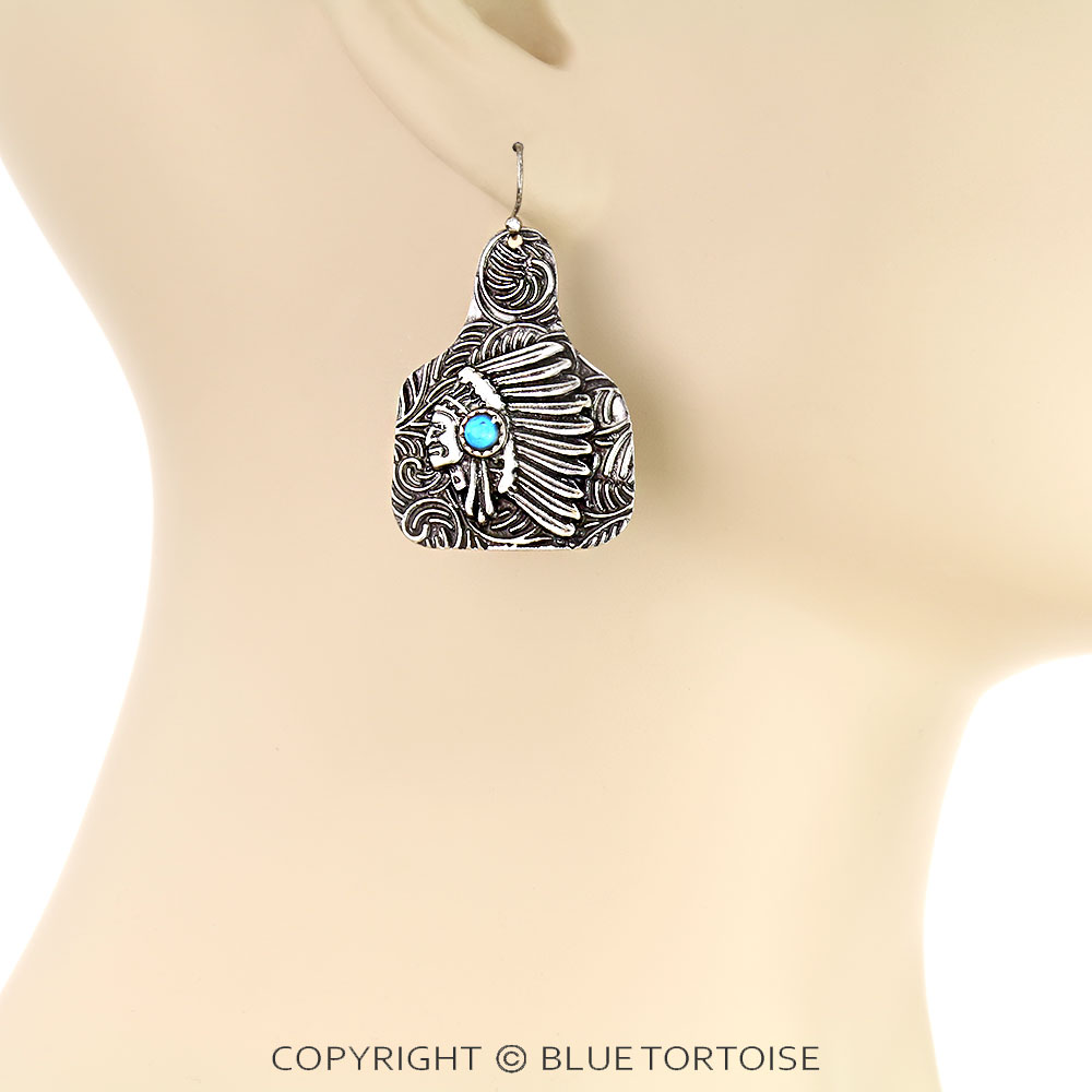 Western Indian Chief Ear Tag Dangle Earrings - Image 2