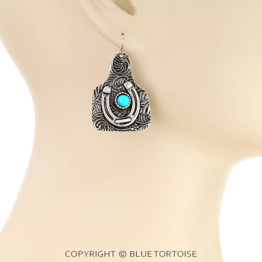Western Horseshoe Ear Tag Dangle Earrings - Image 2