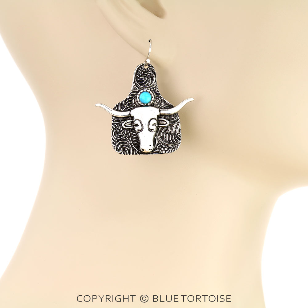 Western Steer Cow Head Ear Tag Dangle Earrings - Image 2