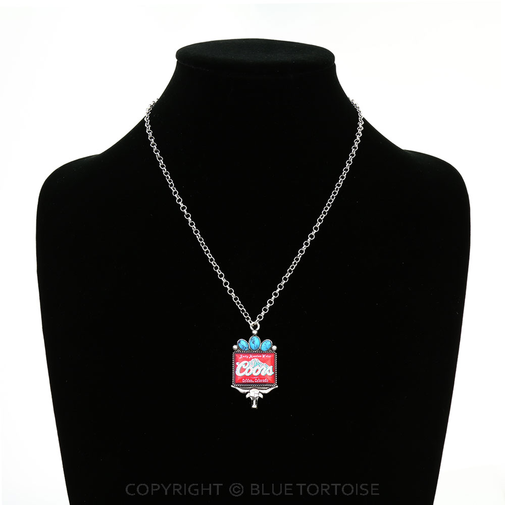 Western Beer Logo Print Steer Skull Pendant Necklace - Image 2