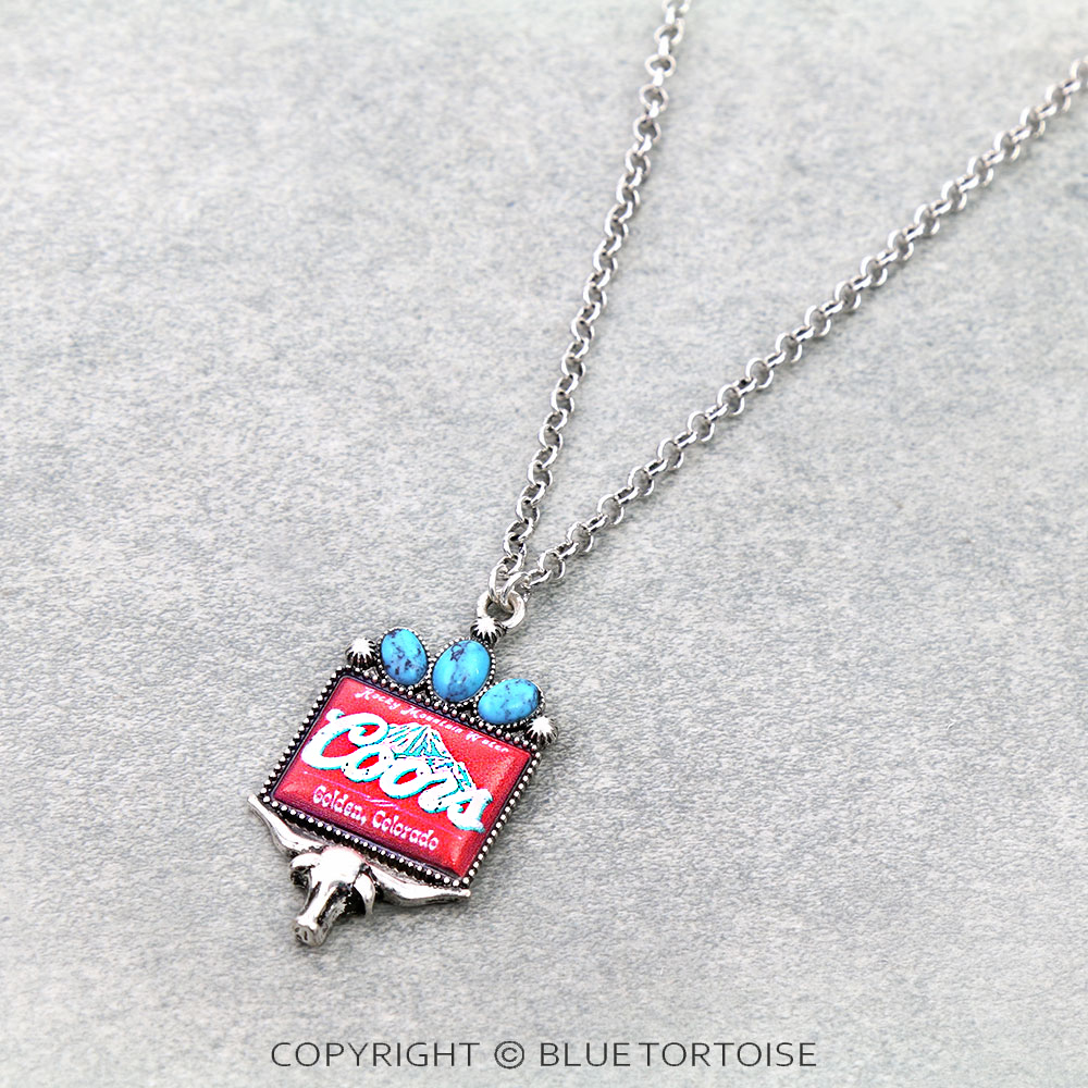 Western Beer Logo Print Steer Skull Pendant Necklace