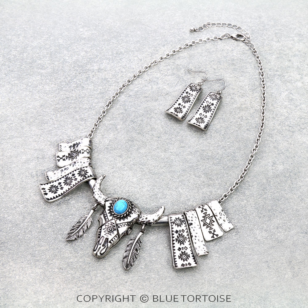 Western Steer Skull Statement Necklace Set