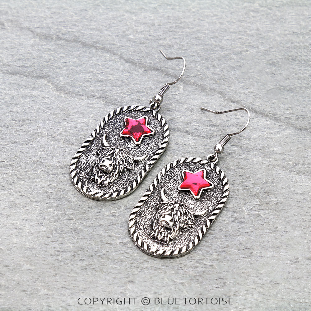 Western Scotty Cow Star Dangle Earrings