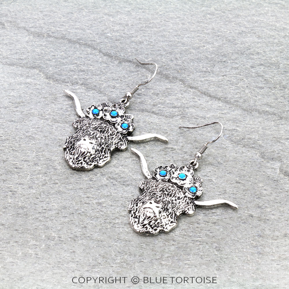 Western Scotty Cow with Flower Dangle Earrings