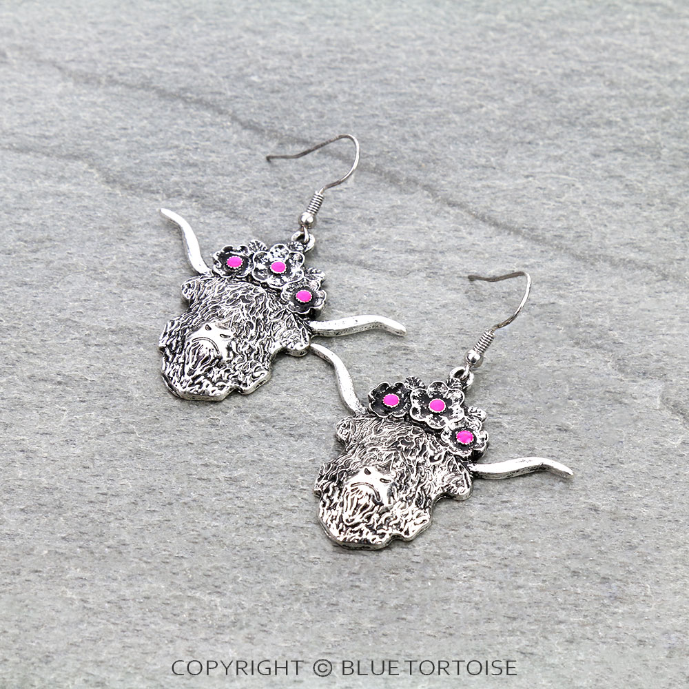 Western Scotty Cow with Flower Dangle Earrings