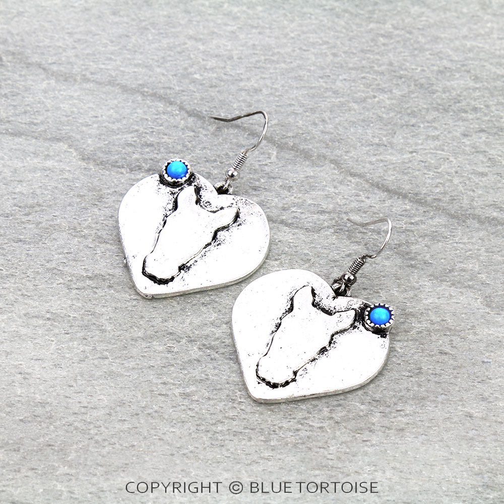 Western Heart Theme Horse Dangle Earrings