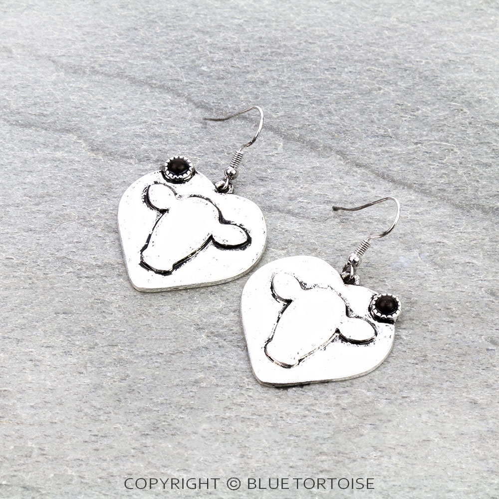 Western Heart Theme Cow Dangle Earrings