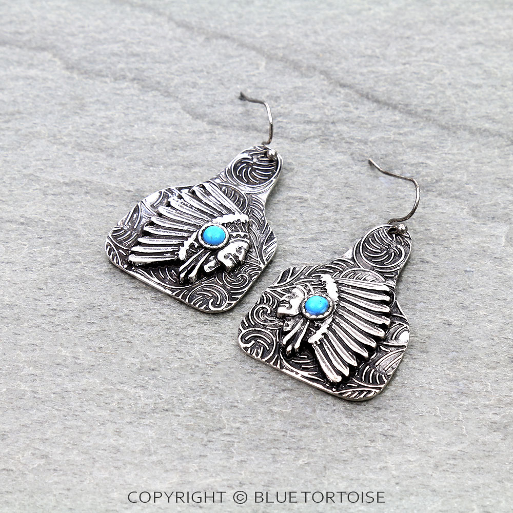 Western Indian Chief Ear Tag Dangle Earrings