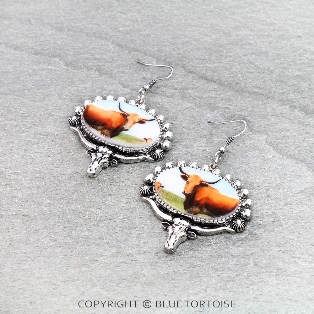 Western Cow Portrait Dangle Earrings