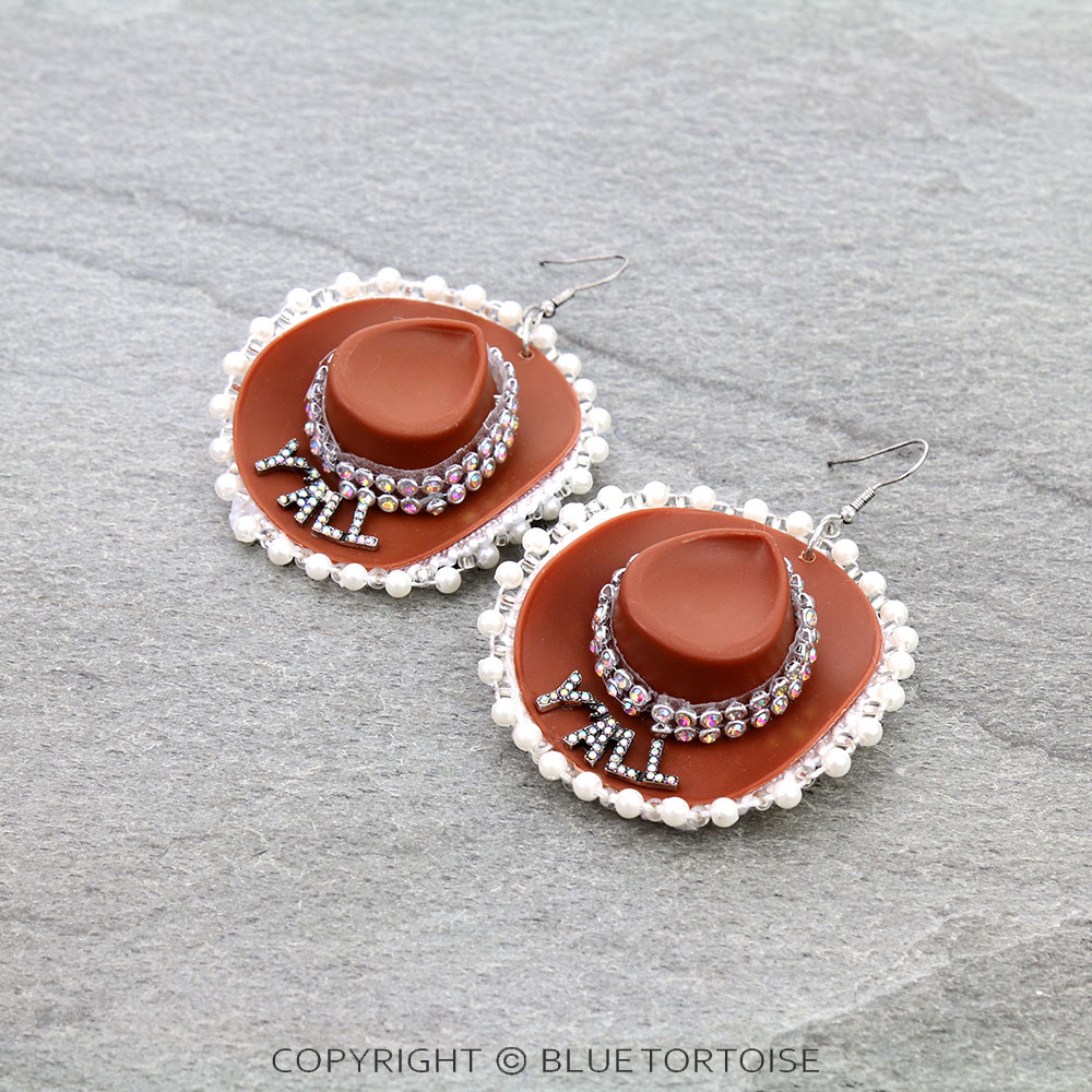3D "Y'ALL" Cowboy Hat with Pearl Dangle Earrings
