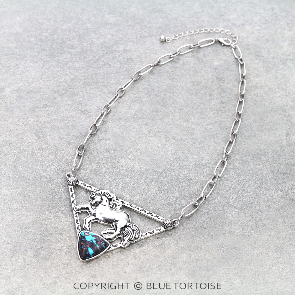 Western Horse Theme Flat Metal Necklace