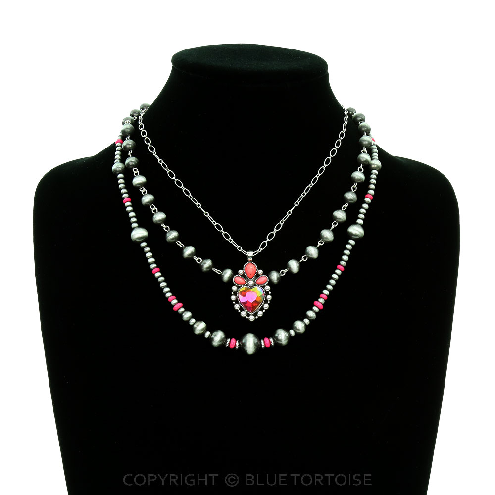 3 Row Navajo Style Pearl & Heart Pendant Necklace - Image 2