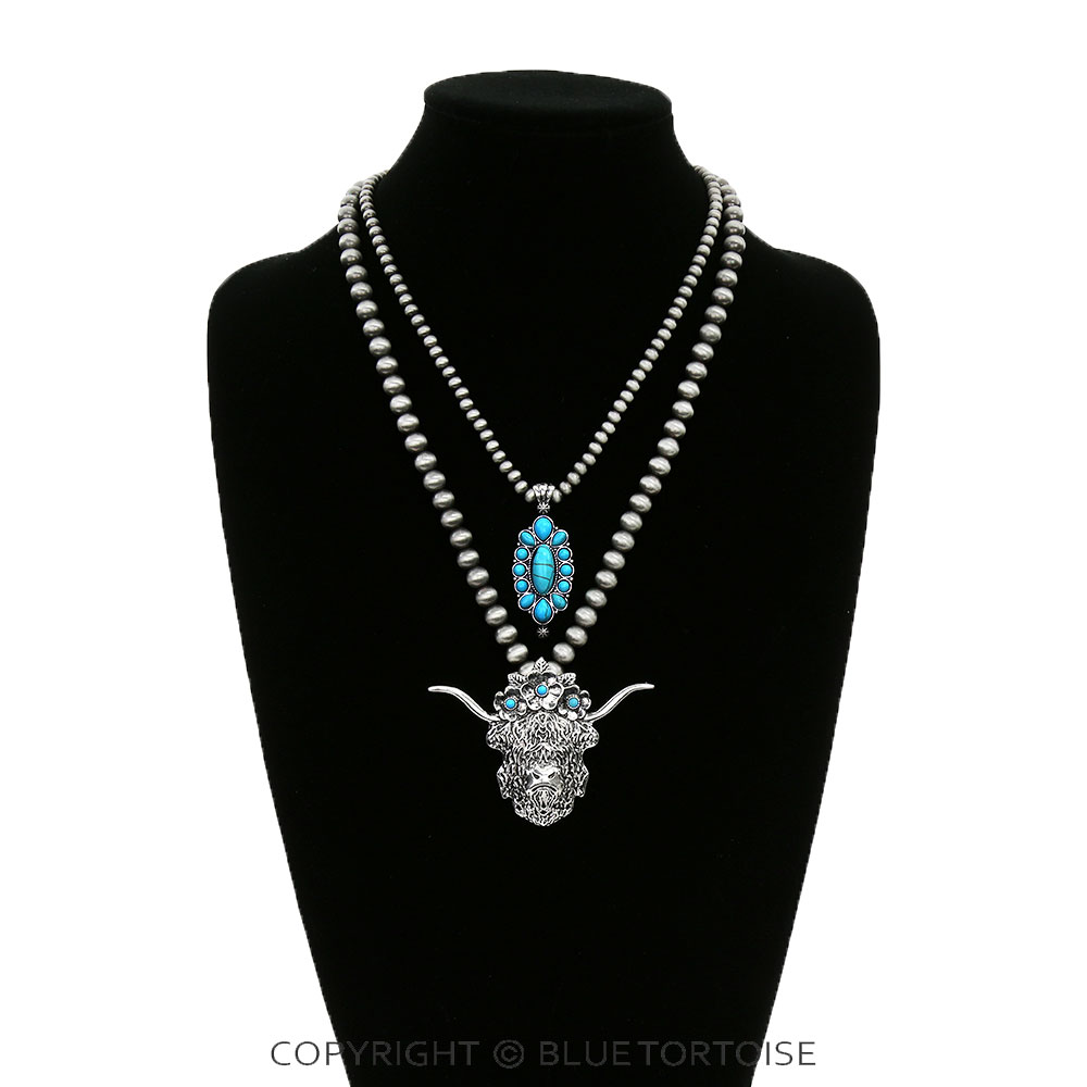 2 Layered Scotty Cow & Concho Stone Pendant Necklace - Image 2