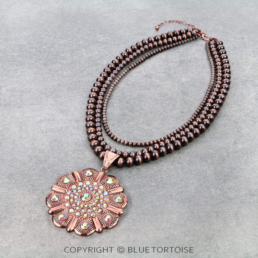 3Row Navajo Style Pearl with Concho Pendant Necklace