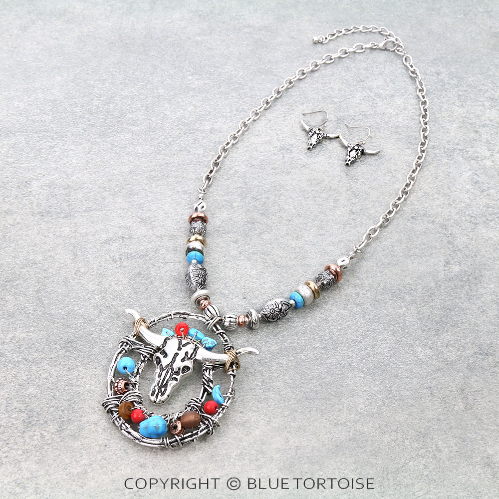 Western Steer Skull Pendant Necklace Set