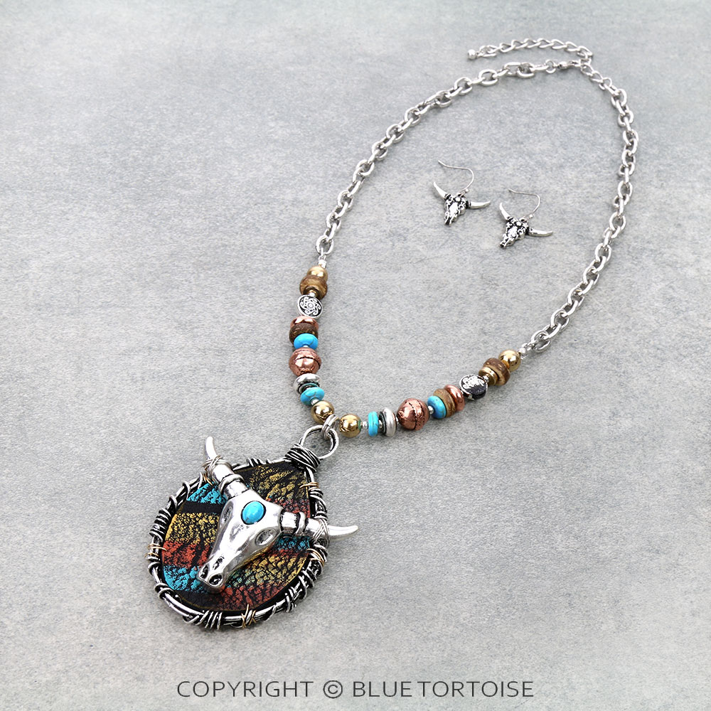 Western Steer Skull Pendant Necklace Set