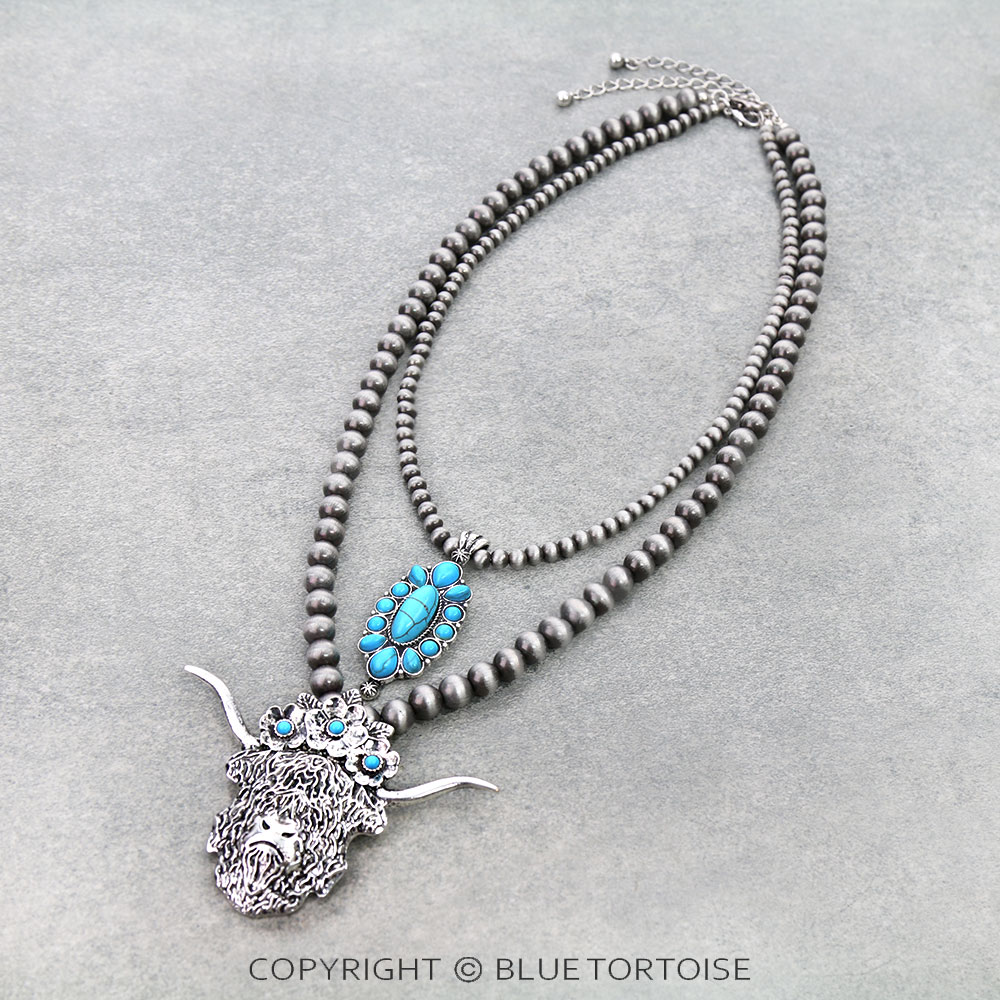 2 Layered Scotty Cow & Concho Stone Pendant Necklace