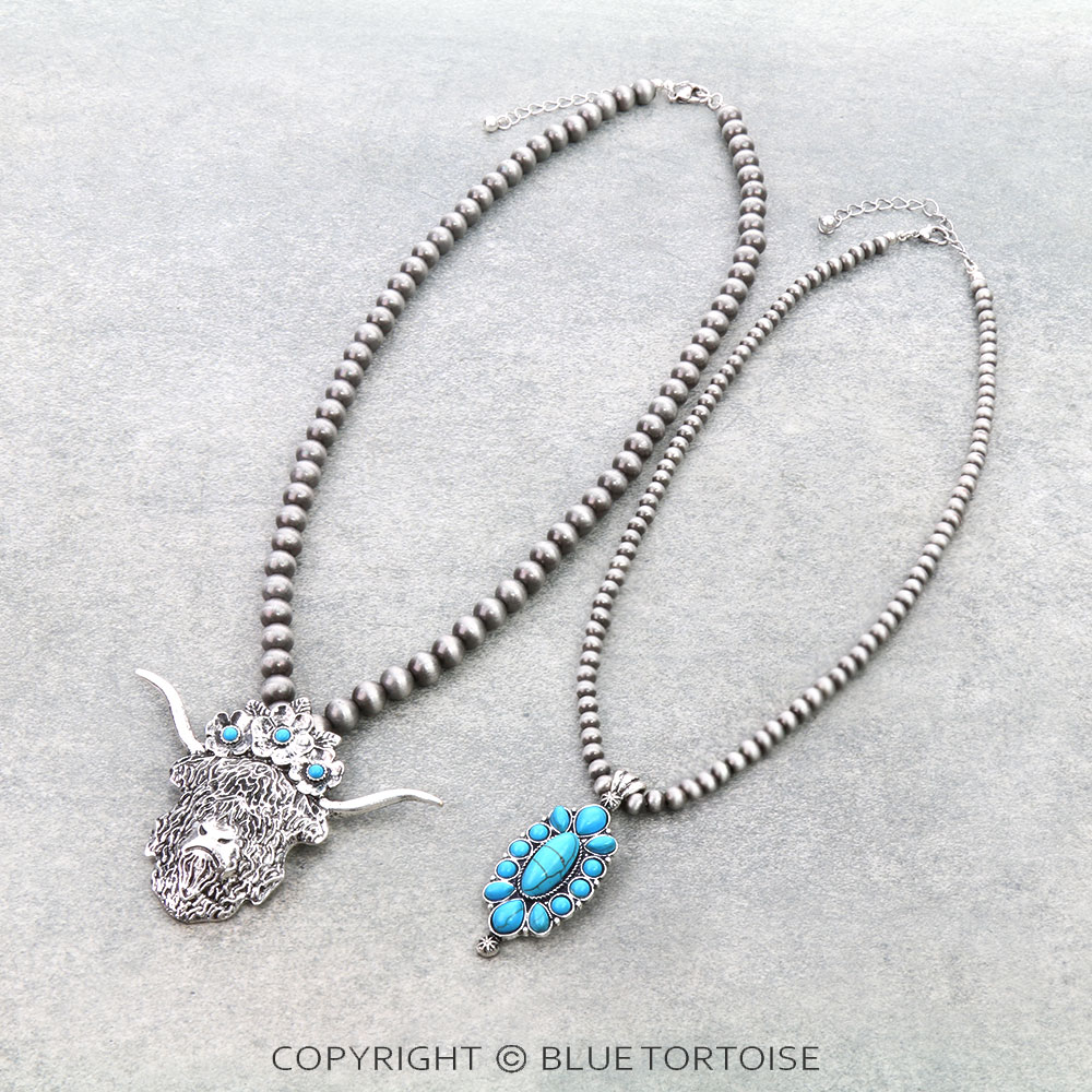 2 Layered Scotty Cow & Concho Stone Pendant Necklace - Image 3