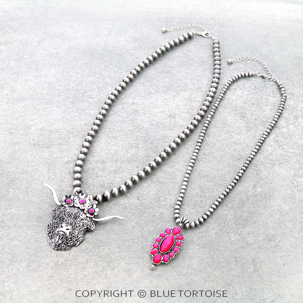 2 Layered Scotty Cow & Concho Stone Pendant Necklace - Image 3