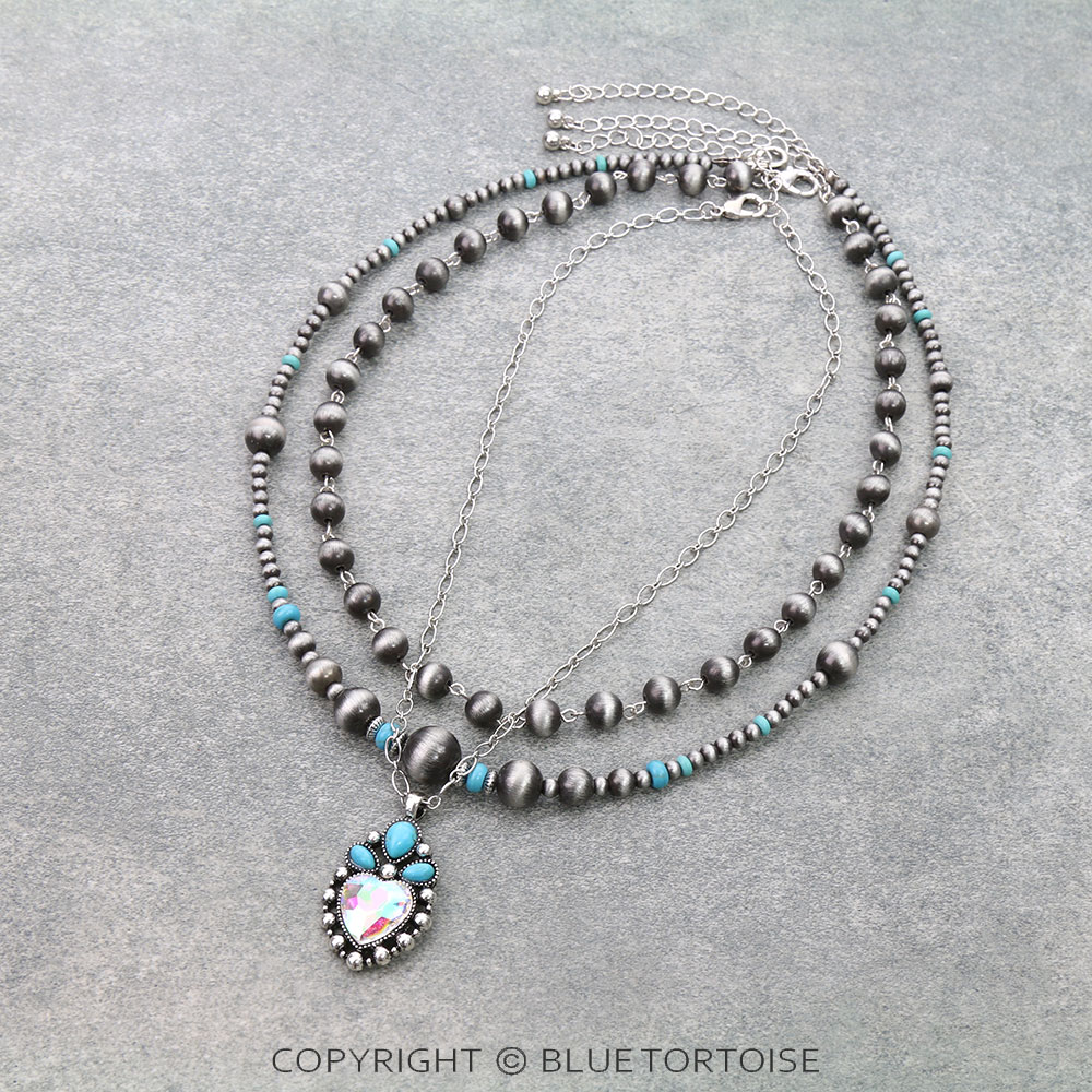 3 Row Navajo Style Pearl & Heart Pendant Necklace