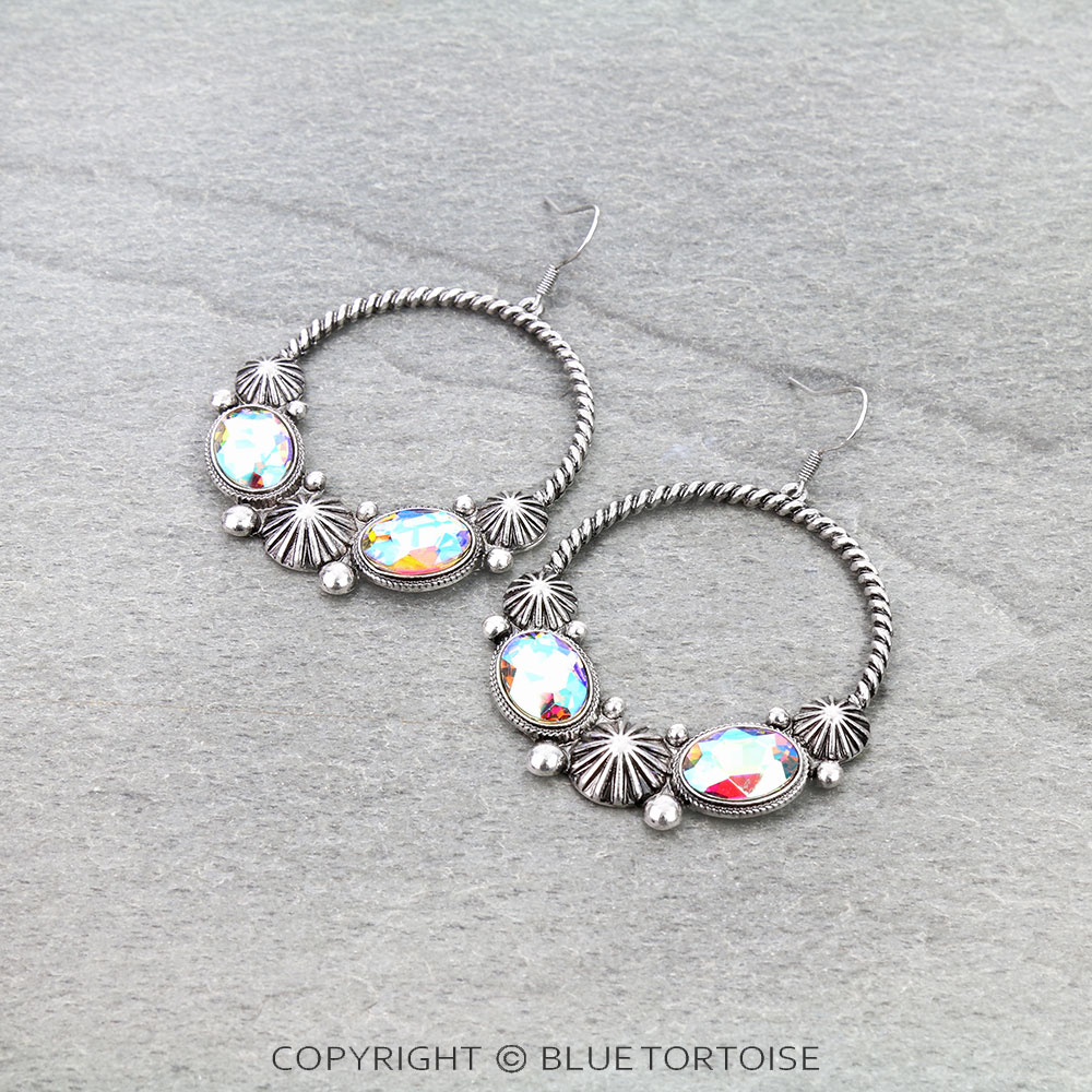 Western Concho Stone Hoop Dangle Earrings