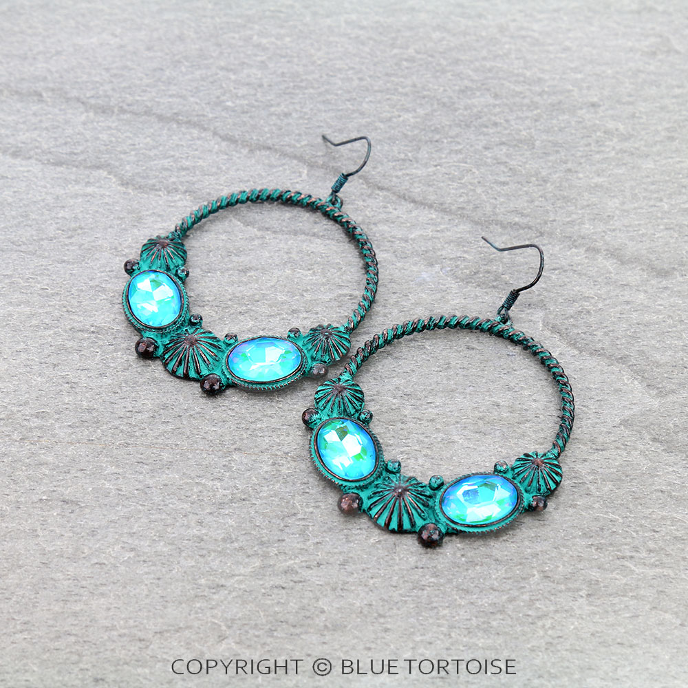 Western Concho Stone Hoop Dangle Earrings