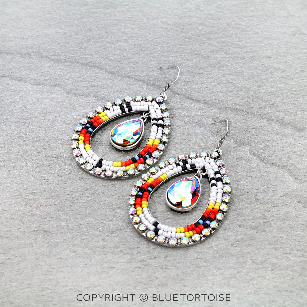 Seed Bead & Stone Teardrop Dangle Earrings