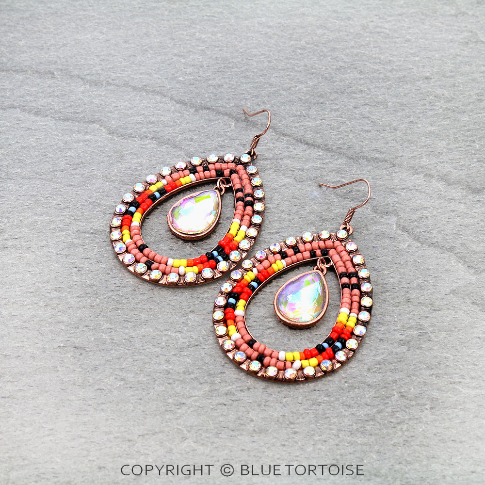 Seed Bead & Stone Teardrop Dangle Earrings