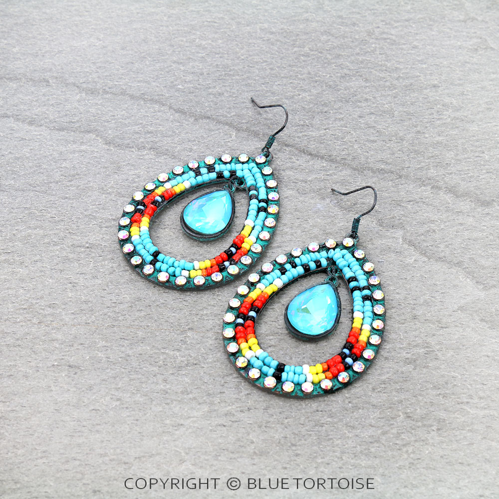Seed Bead & Stone Teardrop Dangle Earrings