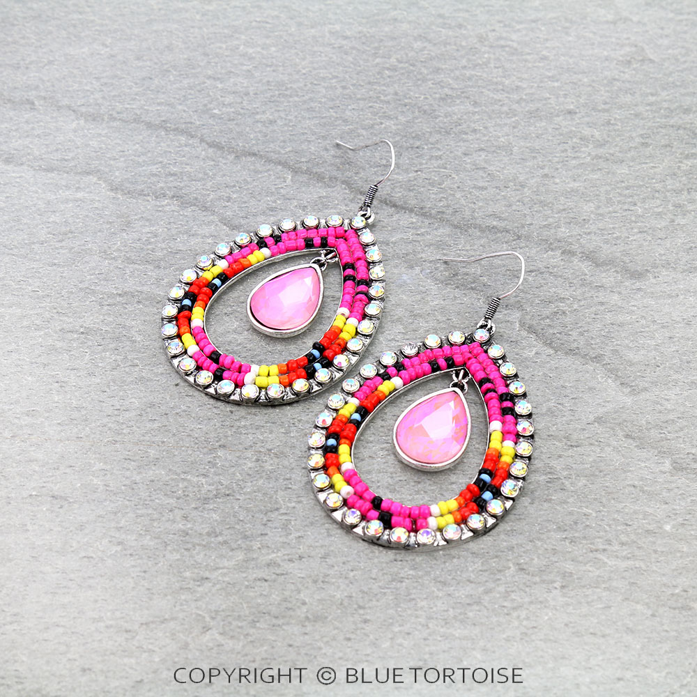 Seed Bead & Stone Teardrop Dangle Earrings